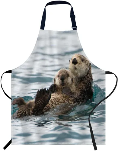 oFloral Delantal de Babero con Animales Nutrias Marinas Jugando en el Agua Nadando con Cuello Ajustable para Hombres y Mujeres, Adecuado para Cocina