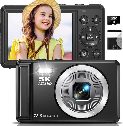 Cámara digital 5K - Cámaras digitales UHD de 72MP para fotografía - Cámara pequeña de punto y disparo con enfoque automático y flash para niños -