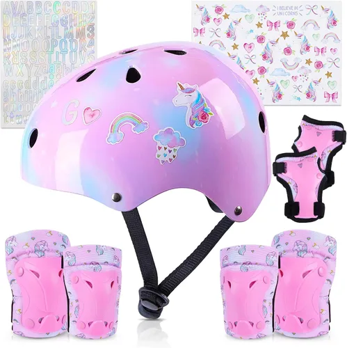 Casco para niños, casco de bicicleta para niños pequeños con pegatinas DIY Unicornio, rodilleras y coderas ajustables, juego de protección para Rosa