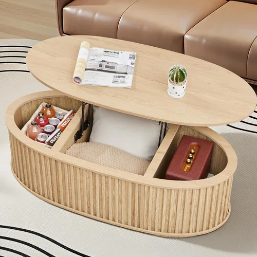 Miniatura 5 de Mesa auxiliar ovalada de 43.3 pulgadas, mesa de centro acanalada con compartimento de almacenamiento oculto, mesa de comedor moderna de mediados