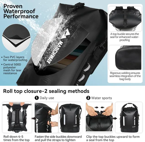 Miniatura 4 de MARCHWAY Mochila impermeable con parte superior enrollable, bolsa seca flotante de 20L/30L/45L con base rectangular ergonómica, espalda acolchada