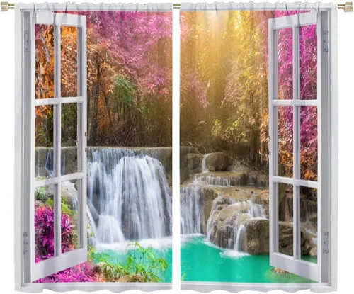Miniatura 59 de Cortinas de paisaje, ventana tropical con vista al mar, océano, playa, barco, cortinas con estampado de palmeras para dormitorio, sala de estar, Mar