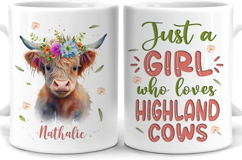 Hyturtle Regalos Personalizados para Amantes de las Vacas Highland - Just A Girl Who Loves Highland Cows - Taza de Café de Cerámica con Nombre vaca