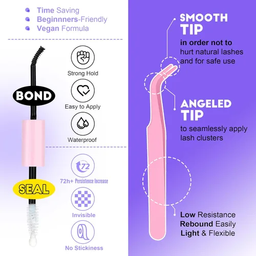 Miniatura 5 de Pawotence Kit de extensiones de pestañas individuales 40D 50D, kit de extensiones de pestañas de 0.315-0.630 pulgadas con unión y sello de pestañas