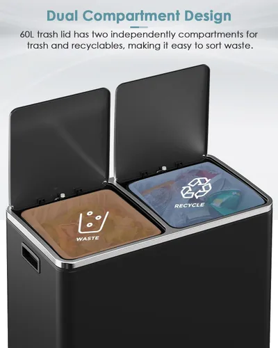 Miniatura 6 de Cubo de basura doble de 60 L (16 galones), cubo de basura de cocina de acero inoxidable, cubo de basura clasificado de doble compartimento, cubo