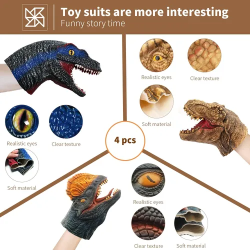 Miniatura 5 de Yolococa Marionetas de mano de dinosaurio, juego de marionetas de animales de látex de 3 piezas con T Rex, velociraptor y dilophosaurus para contar
