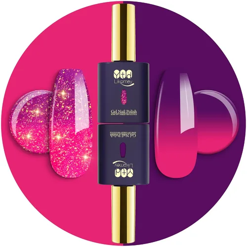 YTD Likomey - Juego de esmalte de uñas de gel que cambia de color, 2 piezas, 15 ml, color rosa intenso a morado, con purpurina y brocado, kit de