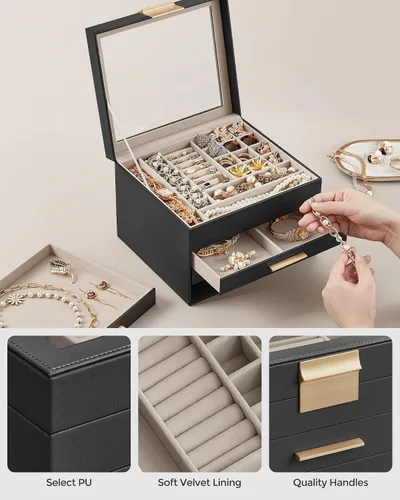 Miniatura 5 de SONGMICS Joyero organizador con tapa de vidrio, almacenamiento de joyas de 4 capas, con 3 cajones, estilo moderno, regalo de Navidad, 8 x 9.1 x 6.5