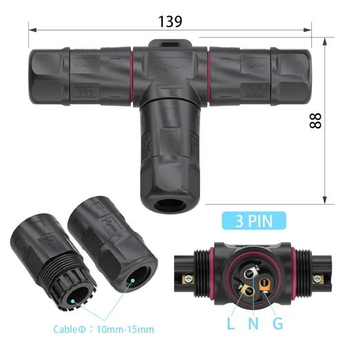 Miniatura 3 de AOHUA Caja de conexiones 3 vías M23 3-Pin conector impermeable, 500V/35A, conector de cable eléctrico en forma de T IP68 para cable de Ø10-0.591 in