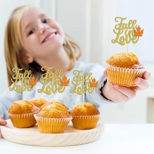 Miniatura 7 de Rsstarxi Paquete de 24 adornos para cupcakes con hojas de otoño, día de Acción de Gracias, palillos de dientes, despedida de soltera, decoración