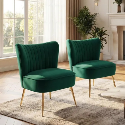 Miniatura 11 de DUOMAY Juego de 2 sillas de acento modernas de terciopelo tipo slipper con patas doradas, silla lateral con respaldo alado para sala de estar, Rojo