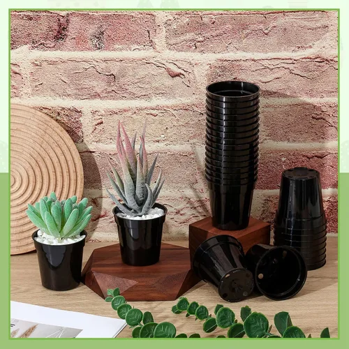 Miniatura 3 de Yaomiao 200 Piezas Macetas de Plástico Negras Mini de 2 Pulgadas para Plantas de Vivero, Macetas de Semillero Iniciador de Semillas con Agujeros