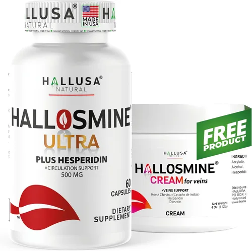 Hallosmine Ultra - Soporte para la circulación y las venas, Diosmin Hesperdin 650 mg + crema para piernas gratis, pies hinchados, tobillos y