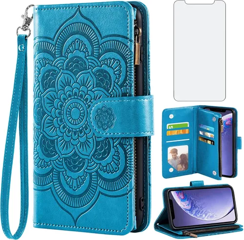Asuwish Compatible con iPhone 11 6.1 Funda tipo cartera y protector de pantalla de vidrio templado, funda de cuero con flor para tarjetero, funda de
