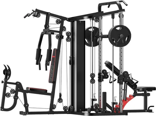 Miniatura 10 de SunHome - Estación de entrenamiento multifunción para el gimnasio en casa, máquina Smith con pila de pesas de 62.6 kg, prensa de piernas, estación