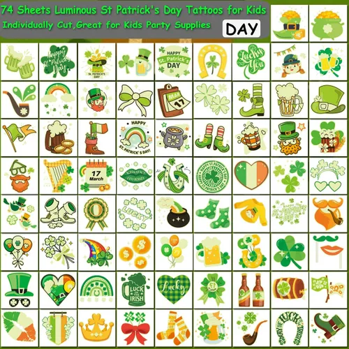 Miniatura 3 de CHARLENT Tatuajes temporales que brillan en la oscuridad del día de San Patricio para niños, 74 hojas individuales, tatuajes luminosos del día