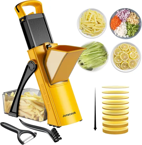 Miniatura 10 de Jonscook Rebanador de mandolina todo en uno seguro para cocina, picador de alimentos con contenedor, cortador de verduras con grosor ajustable