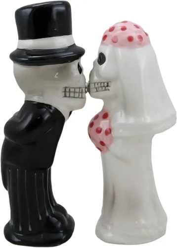 Ebros Gift Juego de saleros y pimenteros de esqueleto para pareja, boda, novia y novio, calaveras de cerámica, esqueletos, cocina, comedor, bar,