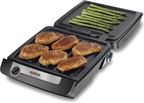 Miniatura 12 de Hamilton Beach - Combo de parrilla interior y plancha eléctrica 4 en 1 con cocina de tocino, se abre plana para doble superficie de cocción, placas