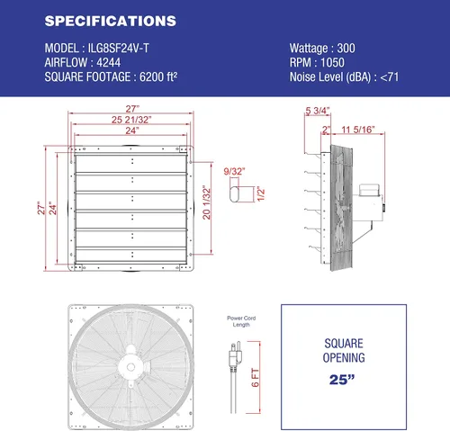 Miniatura 5 de iLIVING ILG8SF24V-T ventilador de obturador de 24 pulgadas para ático, garaje, cultivo, ventilación con termostato de 2 velocidades, cable de 6 pies