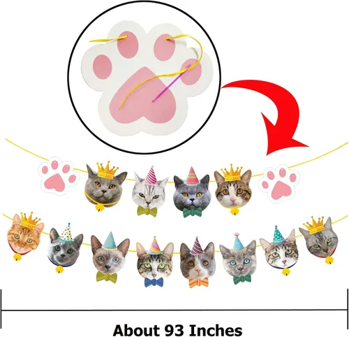 Miniatura 3 de TSJ Cartel de cumpleaños de gato, pancarta de fiesta de cara de gato, decoración de banderines de fiesta temática de gatito para recuerdos de fiesta