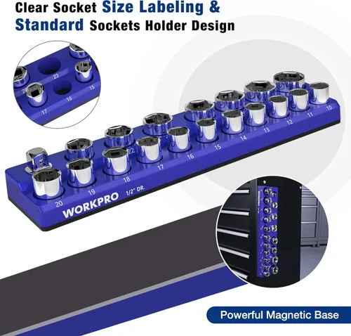 Miniatura 5 de WORKPRO Organizador magnético para llaves de vaso, soporte métrico de 1/2 pulgada, bandejas para llaves de vaso con capacidad para 19 piezas