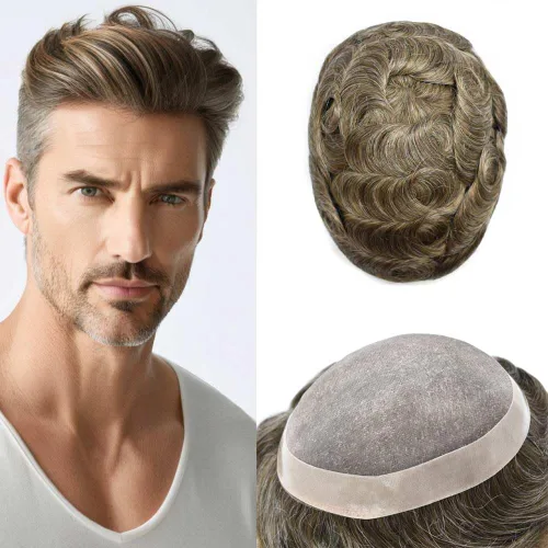 Miniatura 89 de Mens Toupee Hair Piece Real Human Hair Fine Mono Toupee para hombres Sistema de reemplazo de cabello para hombre Postizo Protesis Capilar Para