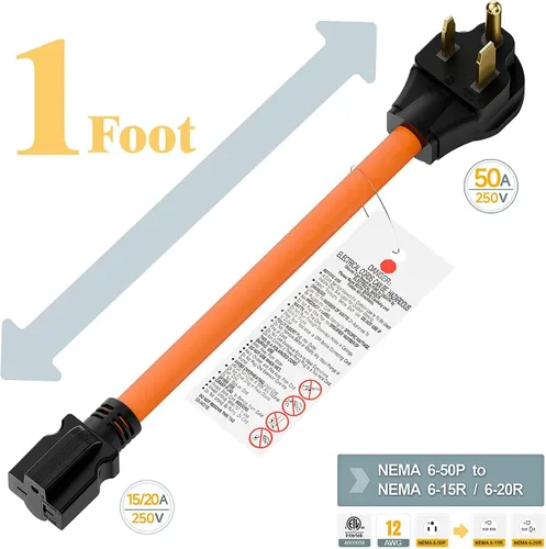 Miniatura 2 de Cable adaptador de corriente para soldador de 1.5 pies Nema 6-50P a 6-15R/6-20R, adaptador de hoja T 6-50P de 50 amperios a 6-20R 20A, 6-50 a 6-20R