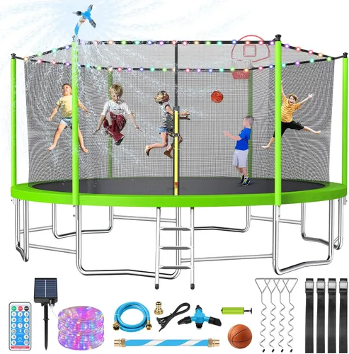 Miniatura 15 de Lyromix Trampolín mejorado con luces, trampolín grande para exteriores con aspersor, aro de baloncesto y red, capacidad para 5-8 niños y adultos