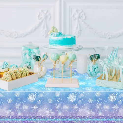Miniatura 4 de Mantel de copo de nieve azul y blanco, 3 piezas, mantel rectangular de plástico desechable, 70 x 43 pulgadas, suministros para fiesta de cumpleaños