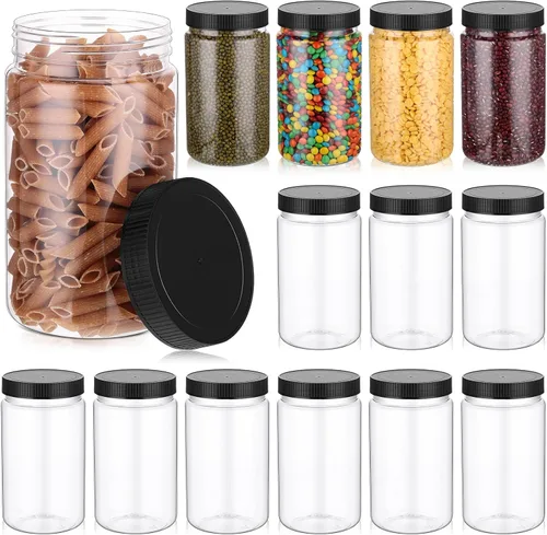 Eaasty Paquete de 15 tarros de plástico de 32 onzas con tapas, tarros transparentes de masón, recipientes de almacenamiento grandes, boca ancha,