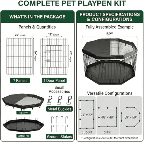 Miniatura 5 de PJYuCien Corralito octogonal para perros con cubierta superior y almohadilla inferior, bolígrafo de ejercicio plegable de metal, 8 paneles de 36