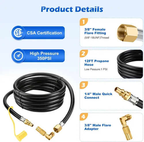 Miniatura 2 de WADEO Manguera de conexión rápida de propano de 12 pies para RV a parrilla de gas, manguera de propano de conexión rápida para parrilla Blackstone