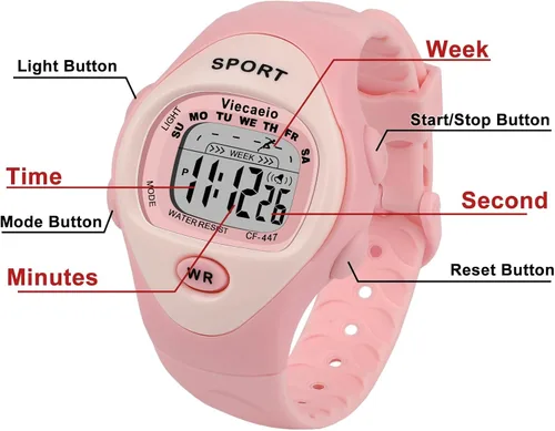 Miniatura 4 de Reloj digital para niños, impermeable, con cronómetro, alarma, iluminación, regalo para niños de 3 a 8 años con bonita caja, color rosa, Rosado