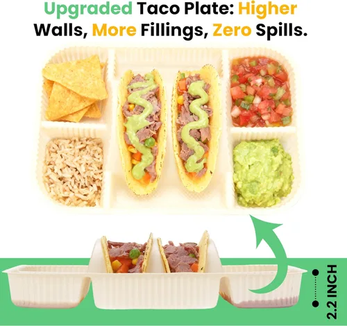 Miniatura 3 de Platos desechables para tacos de 4 compartimentos para 2 tacos y 4 lados, borde elevado extra profundo, almidón de maíz biodegradable, apto