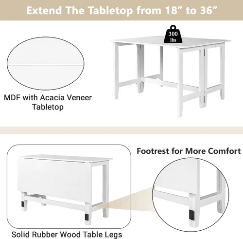 Miniatura 4 de Mesa de comedor extensible de madera de granja con hojas colgantes para lugares pequeños, color blanco TJ429