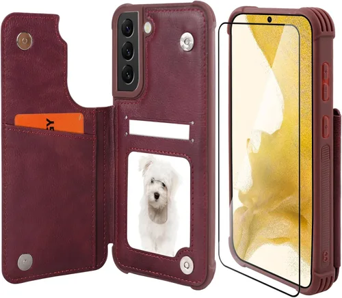 Miniatura 9 de VANAVAGY Funda tipo cartera compatible con Galaxy S22 con soporte para tarjetas de bloqueo RFID, piel sintética, cierre magnético, función atril