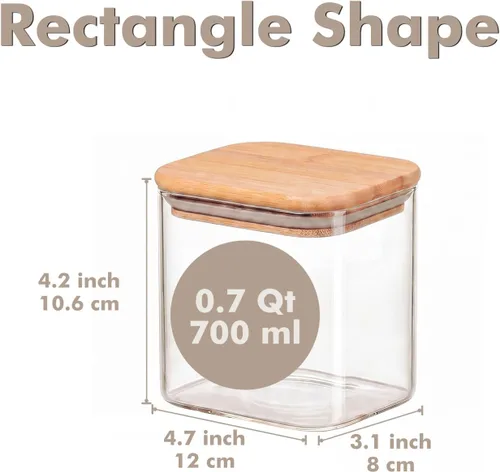 Miniatura 2 de Paquete de 6 tarros de almacenamiento de vidrio rectangulares pequeños de 0.7 cuartos con tapas de bambú, recipientes de almacenamiento de despensa
