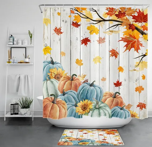EOBTAIN Juego de cortinas de ducha de calabaza azul otoñal, árbol de arce y girasol en tabla de madera vintage, juego de cortinas de baño de árbol