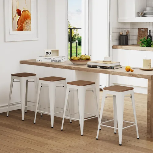 Miniatura 8 de Juego de 4 taburetes de bar de metal sin espalda de 24 pulgadas, apilables, industriales, para taburetes de isla de cocina, con asiento de madera