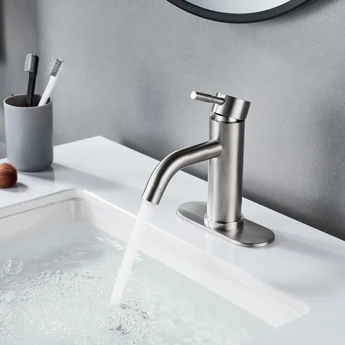 Miniatura 4 de Grifo de lavabo de baño de un solo agujero, níquel cepillado, moderno grifo de baño de una sola manija comercial de acero inoxidable con drenaje