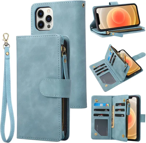 RANYOK Funda tipo cartera compatible con iPhone 13 Pro Max (6.7 pulgadas), piel sintética de alta calidad, con cremallera, bloqueo RFID y correa