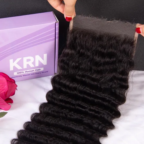 Miniatura 5 de KRN 5x5 HD Cierre de encaje, 0.1mm Ultra-delgado Invisible Cierre de encaje HD Pequeño Nudo Único Pre-arrancado con Cabello de Bebé 12A Grado