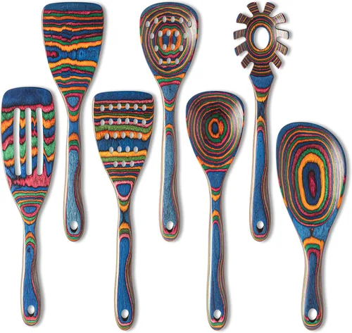 Gudamaye Pakkawood - Utensilios de cocina de madera azul de 7 piezas, cucharas de madera, juego de utensilios de cocina, cucharas antiadherentes