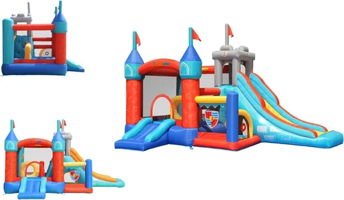 Miniatura 3 de Bounceland Castillo de rebote medieval con tobogán y hoyo de bolas, aro de baloncesto y juego de lanzamiento de pelota incluido, diapositiva larga