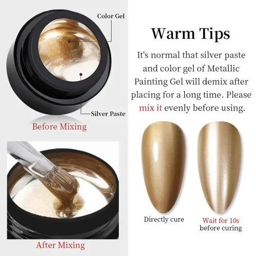 Miniatura 6 de Esmalte de uñas de gel de pintura metálica dorada de 0.3 fl oz, esmalte de uñas de gel metálico espejo 3D, flores/líneas de dibujo de gel metálico