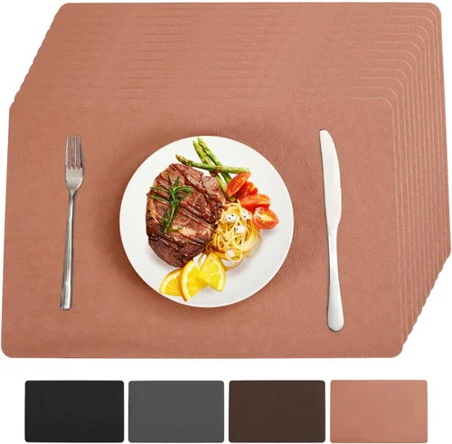 Miniatura 9 de Juego de 6 manteles individuales de vinilo, resistentes al calor, fáciles de limpiar, antideslizantes, para mesa de comedor, piel sintética, Negro