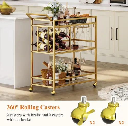 Miniatura 4 de FATORRI Carrito de bar dorado, carrito de servicio de bar con estante para vino y soporte para vasos, carritos de vino con ruedas con estantes