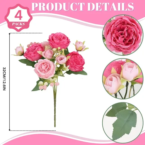 Miniatura 2 de ASTRYAS 4 piezas de peonías artificiales rosas de seda, flores de peonía de seda falsas, ramo de peonías artificiales de seda para centro de mesa