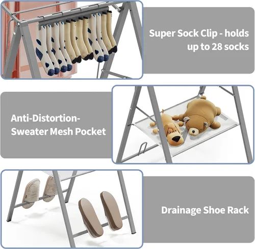 Miniatura 5 de APEXCHASER Tendedero plegable para ropa de secado de ropa, estante de secado de ropa de metal plegable para toallas de suéter en interiores y Gris